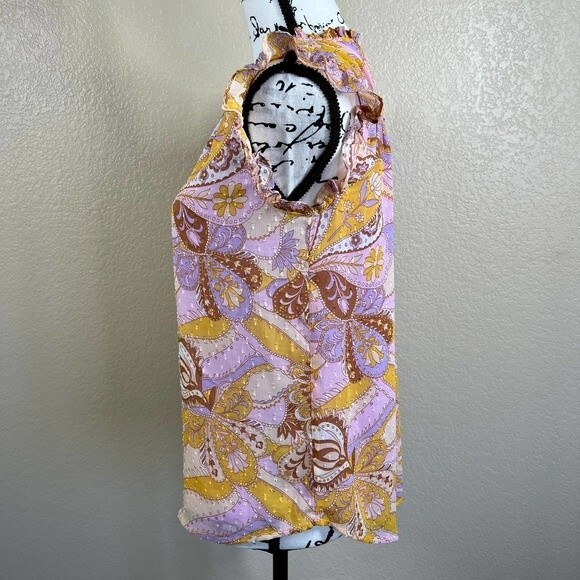 Maison d' Amelie yellow blouse purple paisley print top flutter sleeve size S - Picture 11 of 15